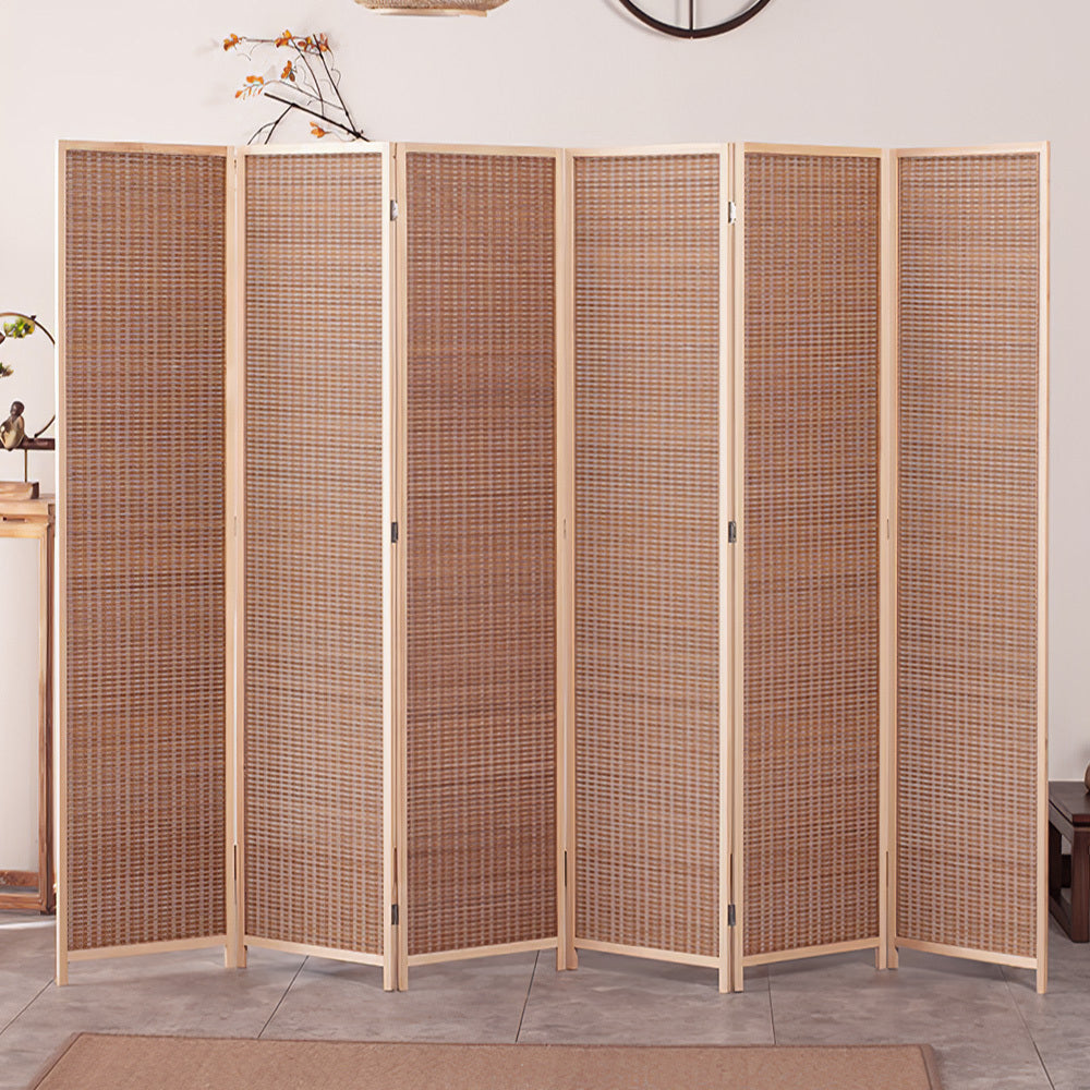 Brown bamboo woven 6-panel folding room divider by Garden Sanctuary, showcasing a natural, textured design for interior privacy.