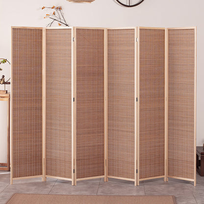 Brown bamboo woven 6-panel folding room divider by Garden Sanctuary, showcasing a natural, textured design for interior privacy.