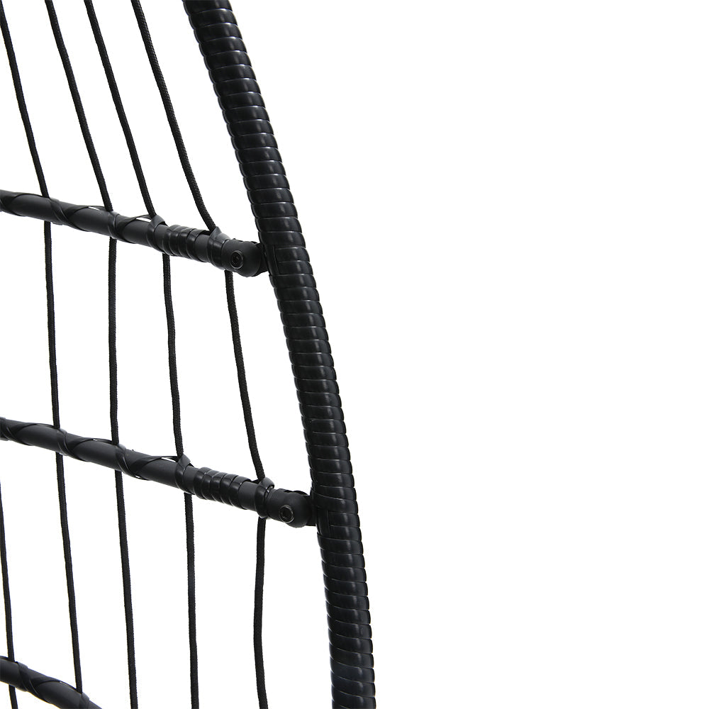 Outdoor hanging egg-shaped chair by Garden Sanctuary, weather-resistant with cozy cushion for outdoor relaxation.