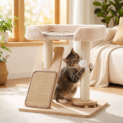 Garden Sanctuary cat tree with scratching posts and hanging toy, providing a fun and cozy climbing space for cats.