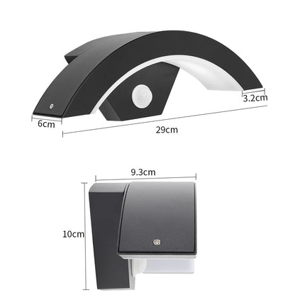 Modern black LED curved outdoor wall light from Garden Sanctuary, sleek design with energy-efficient induction lighting.
