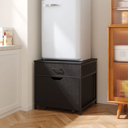 Garden Sanctuary mini fridge stand with storage, featuring durable wood construction and built-in shelves for organization.