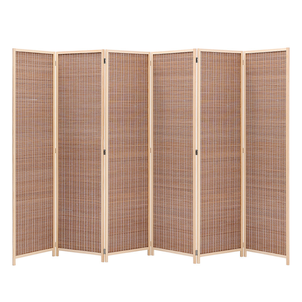 Brown bamboo woven 6-panel folding room divider by Garden Sanctuary, showcasing a natural, textured bamboo design for interior privacy.