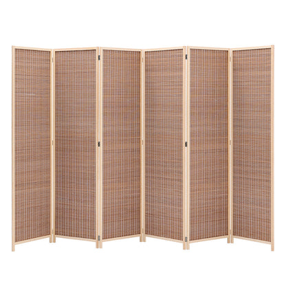 Brown bamboo woven 6-panel folding room divider by Garden Sanctuary, showcasing a natural, textured bamboo design for interior privacy.