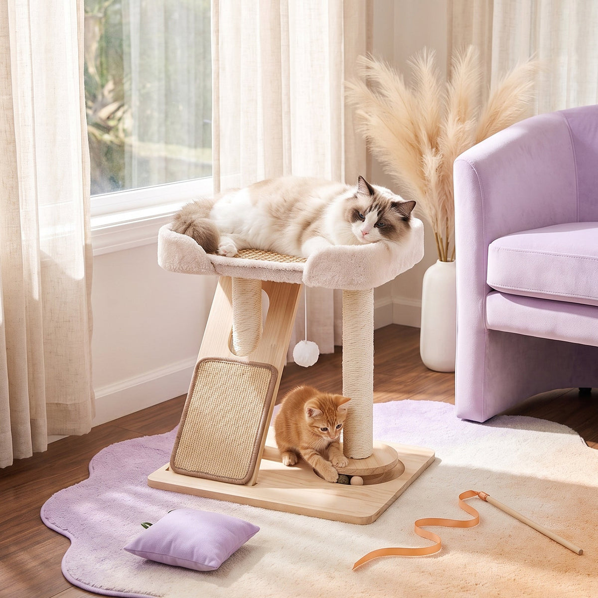 Garden Sanctuary cat tree with scratching posts and hanging toy, ideal for indoor cats' play and scratching needs.