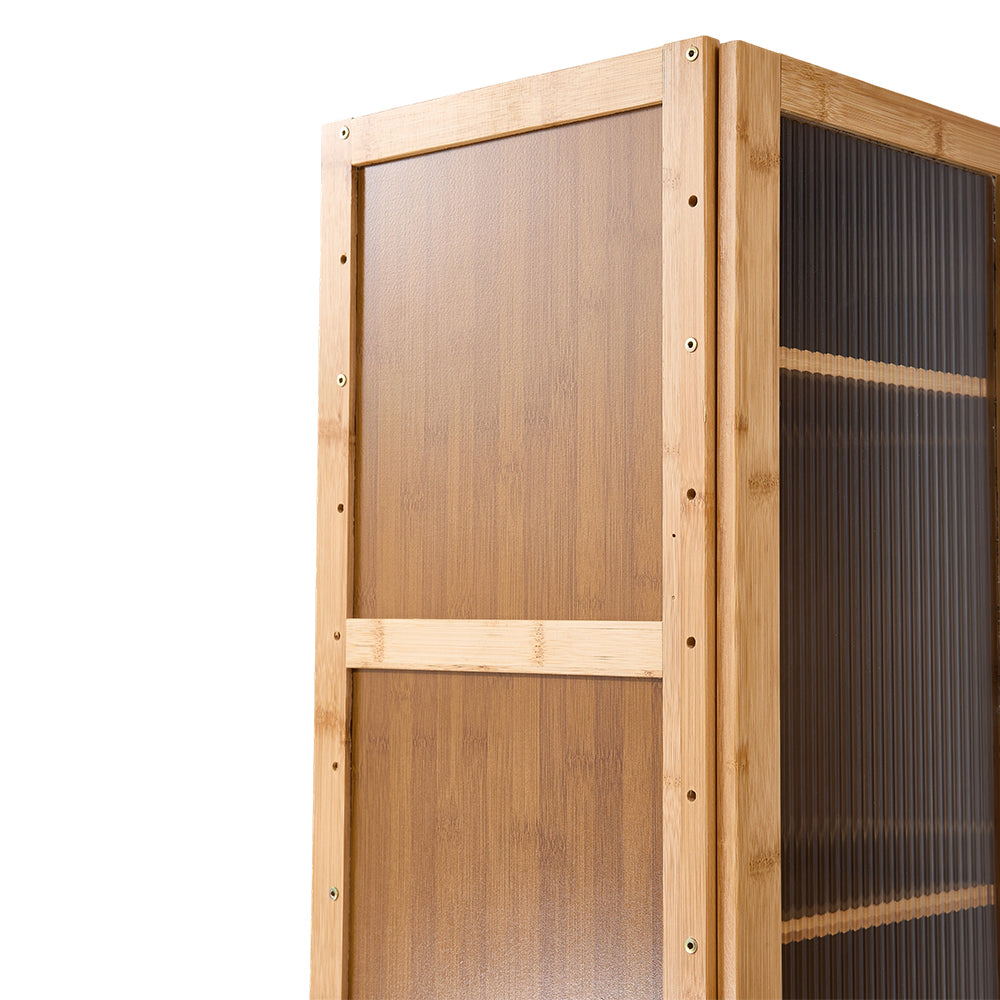 Garden Sanctuary storage cabinet with clear acrylic doors, sleek wood finish, and spacious interior for organizing household essentials.