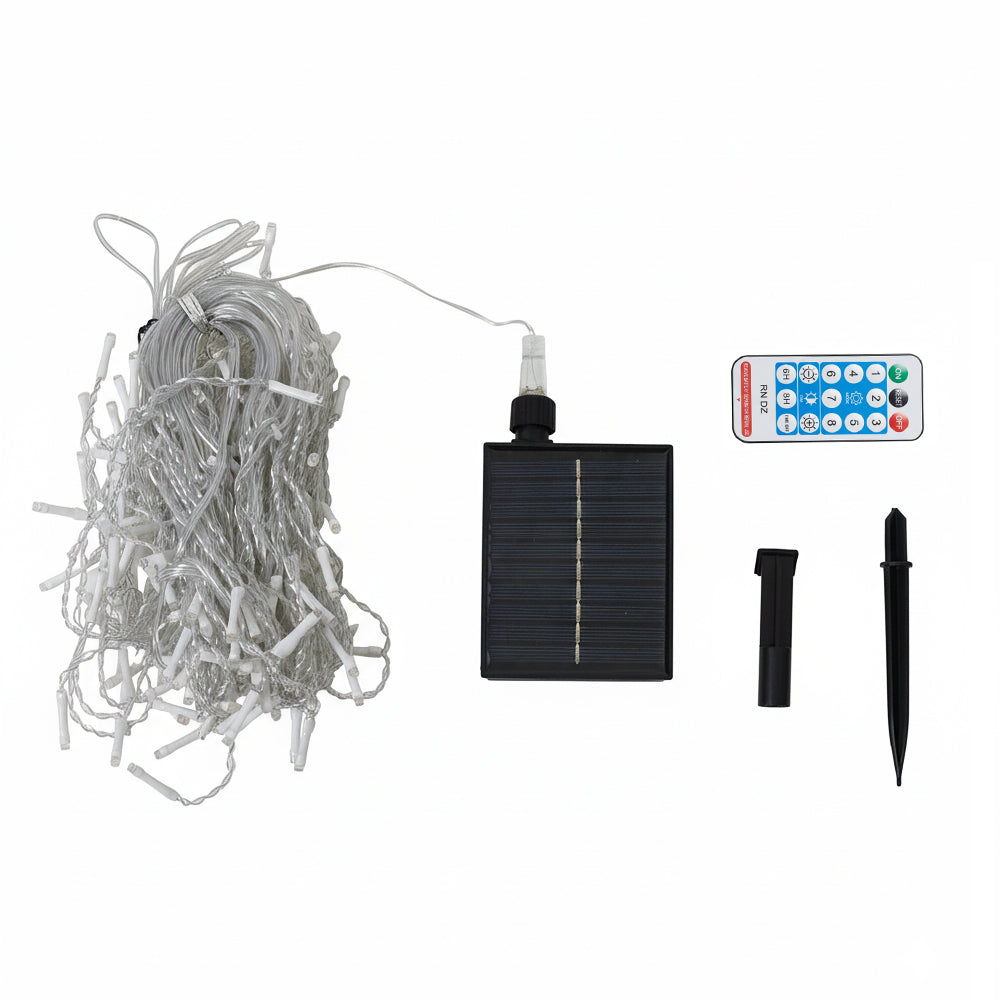 Garden Sanctuary solar-powered LED icicle string lights with remote control hanging outdoors during evening.