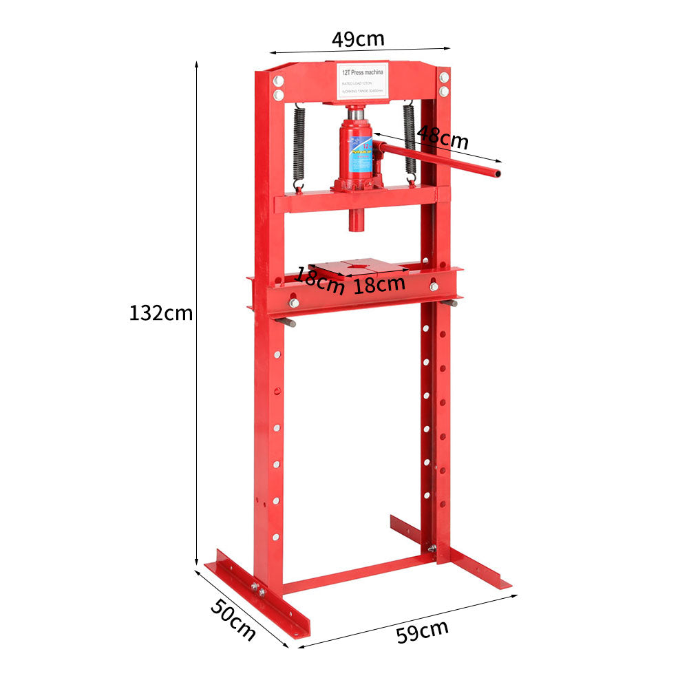 Garden Sanctuary 12 Ton Floor Standing Hydraulic Press showing the sturdy metal frame and hydraulic control lever.