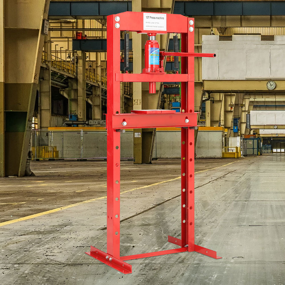 Garden Sanctuary 12 Ton floor-standing hydraulic press with sturdy frame and hydraulic controls for heavy-duty pressing tasks.