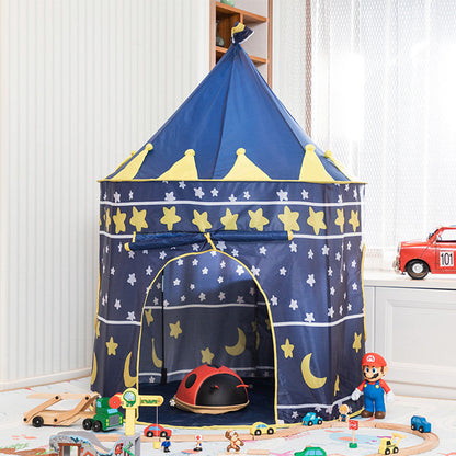 Colorful star and moon round kids playhouse tent by Garden Sanctuary, perfect for imaginative play in a child's room or backyard.