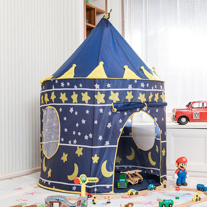 Garden Sanctuary star and moon round kids playhouse tent with colorful fabric and playful celestial design for children's indoor play.