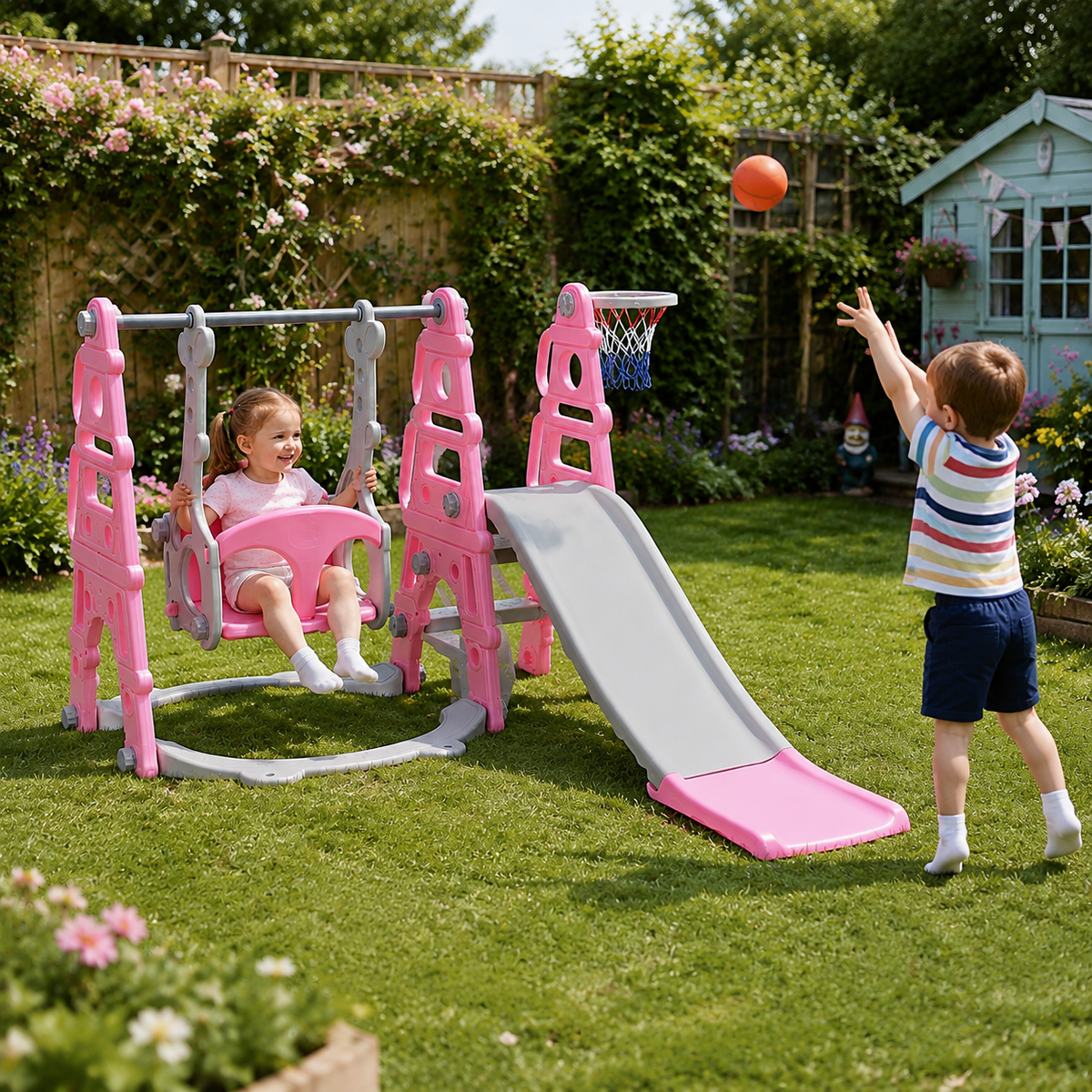 Colorful toddler swing and slide set with basketball hoop from Garden Sanctuary, designed for kids' outdoor play and activity.