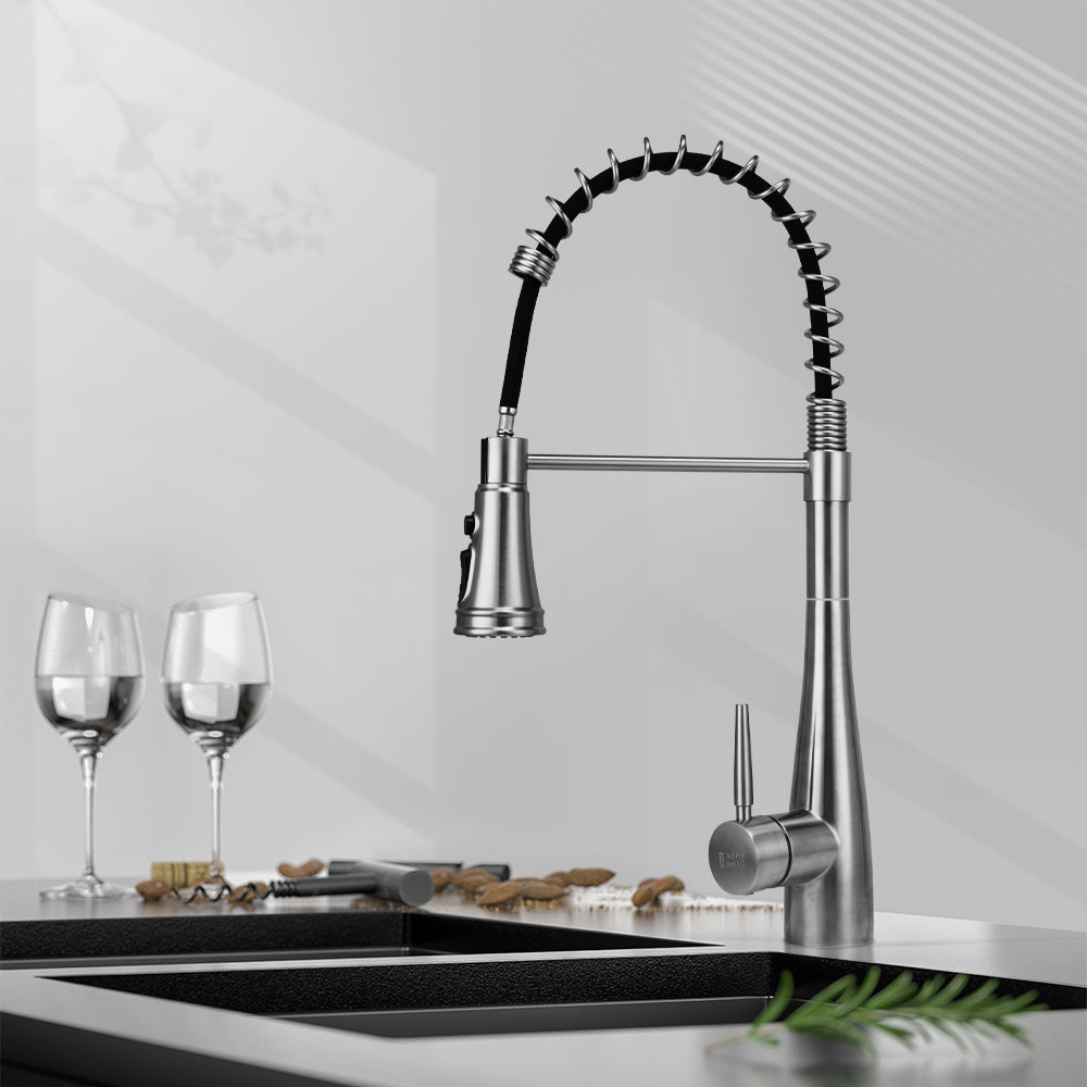 Garden Sanctuary pre-rinse pull-down swivel kitchen faucet with a modern design and flexible spray head.