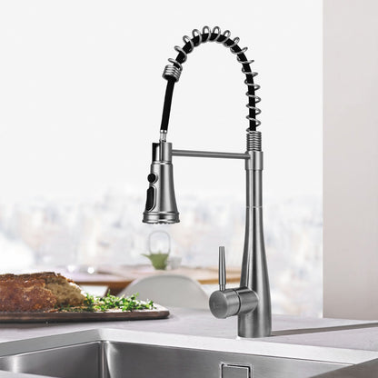 Garden Sanctuary pre-rinse pull-down swivel kitchen faucet with modern design and flexible spout for easy kitchen use.