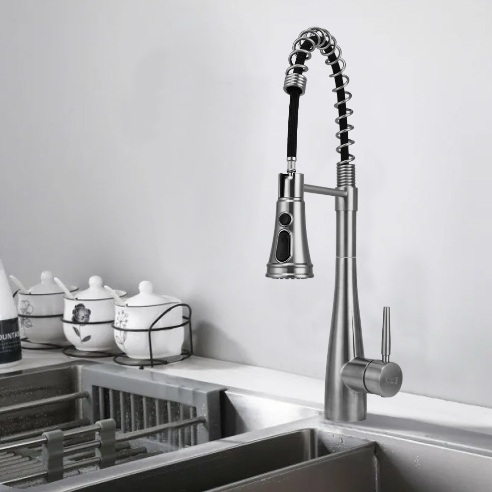 Garden Sanctuary pre-rinse pull-down swivel kitchen faucet with high-arc spout and flexible hose for easy kitchen use.