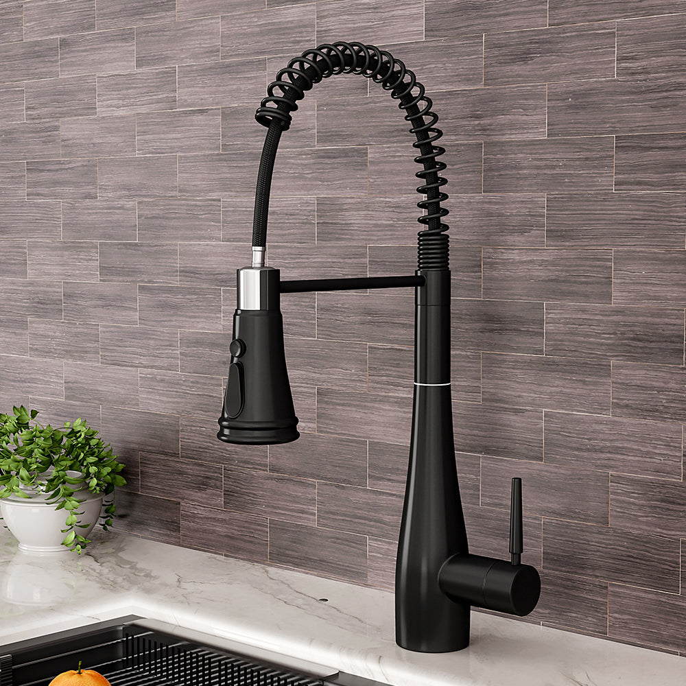 Garden Sanctuary pre-rinse pull-down swivel kitchen faucet with modern design and flexible hose, shown in a clean kitchen setting.
