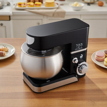 Garden Sanctuary 6-speed 5L multifunctional tilt-head kitchen stand mixer with stainless steel bowl and control dial.