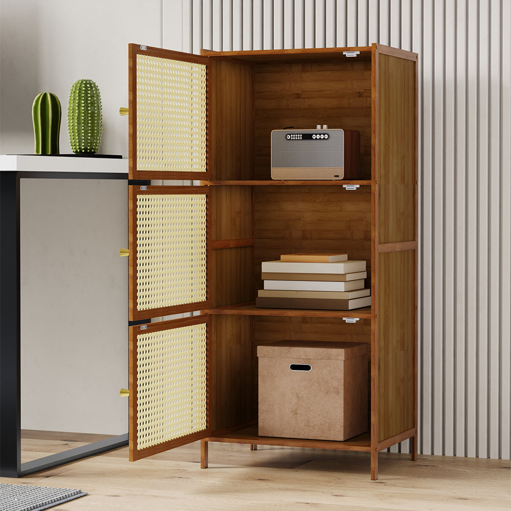 Garden Sanctuary 3-tier narrow bookcase with doors, showcasing a compact wooden cabinet for storage and organization.