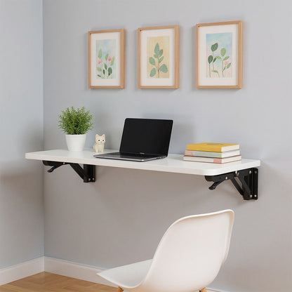 Wall-mounted folding table with iron brackets by Garden Sanctuary, shown folded against a wall in a modern outdoor setting.