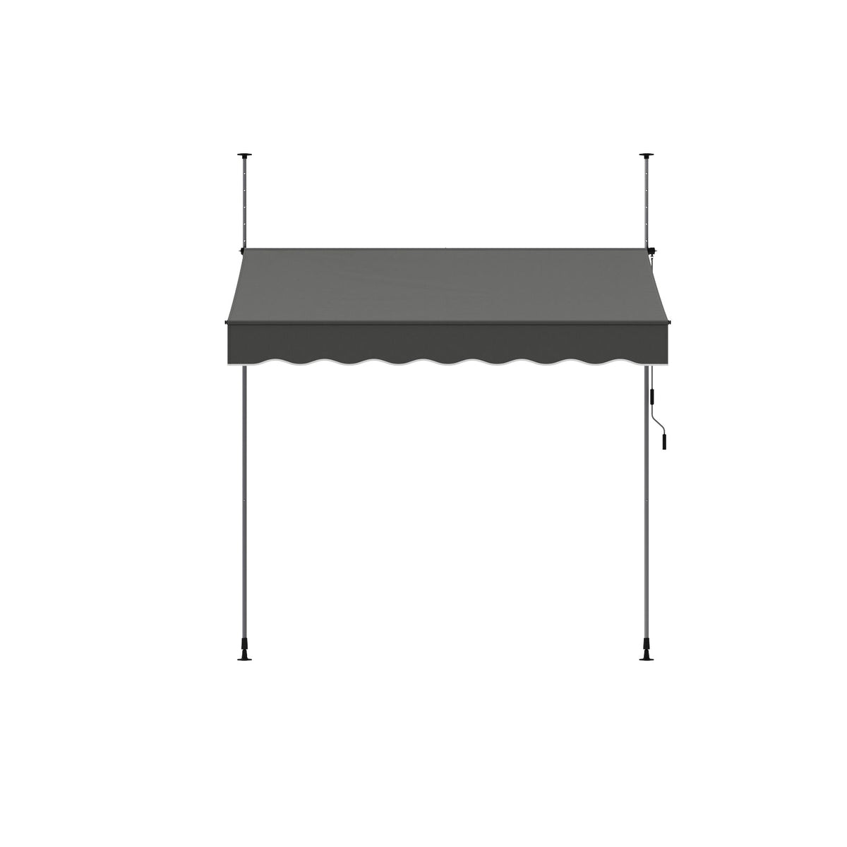 Garden Sanctuary retractable awning with adjustable support poles, featuring a fabric canopy and sturdy metal frame for shade.