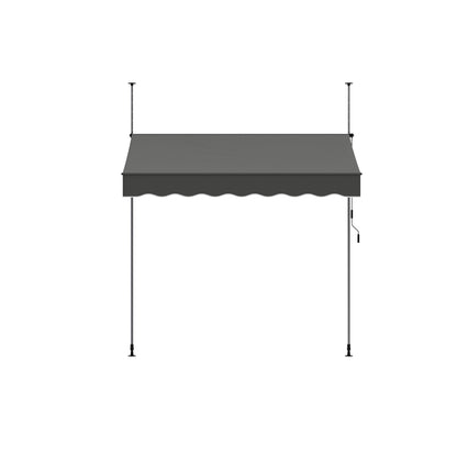 Garden Sanctuary retractable awning with adjustable support poles, featuring a fabric canopy and sturdy metal frame for shade.