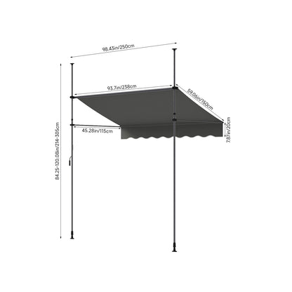 Garden Sanctuary retractable awning with adjustable support poles, showing fabric extension and arm mechanism on a patio.
