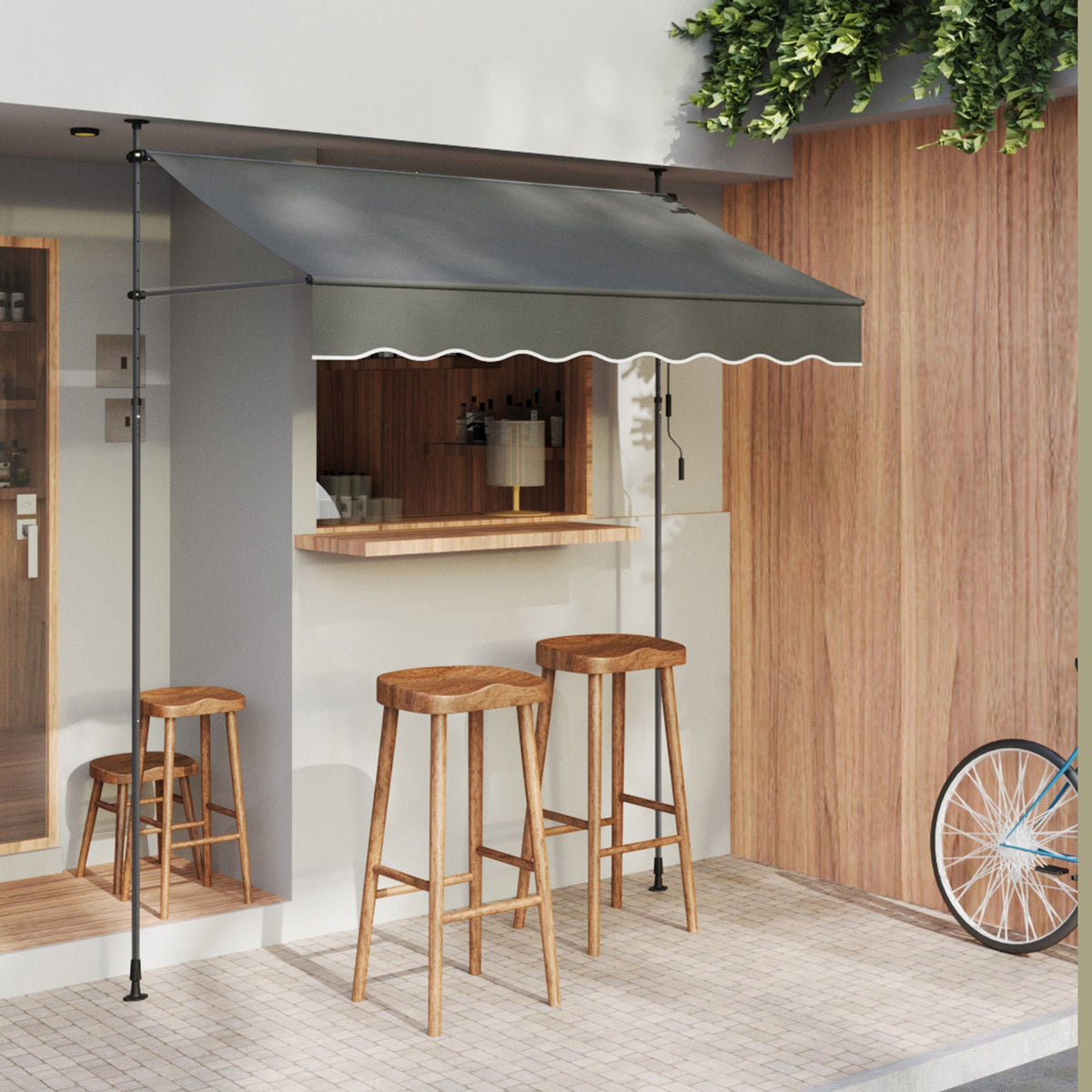 Retractable Garden Sanctuary awning with adjustable support poles, providing shade and protection for outdoor spaces.