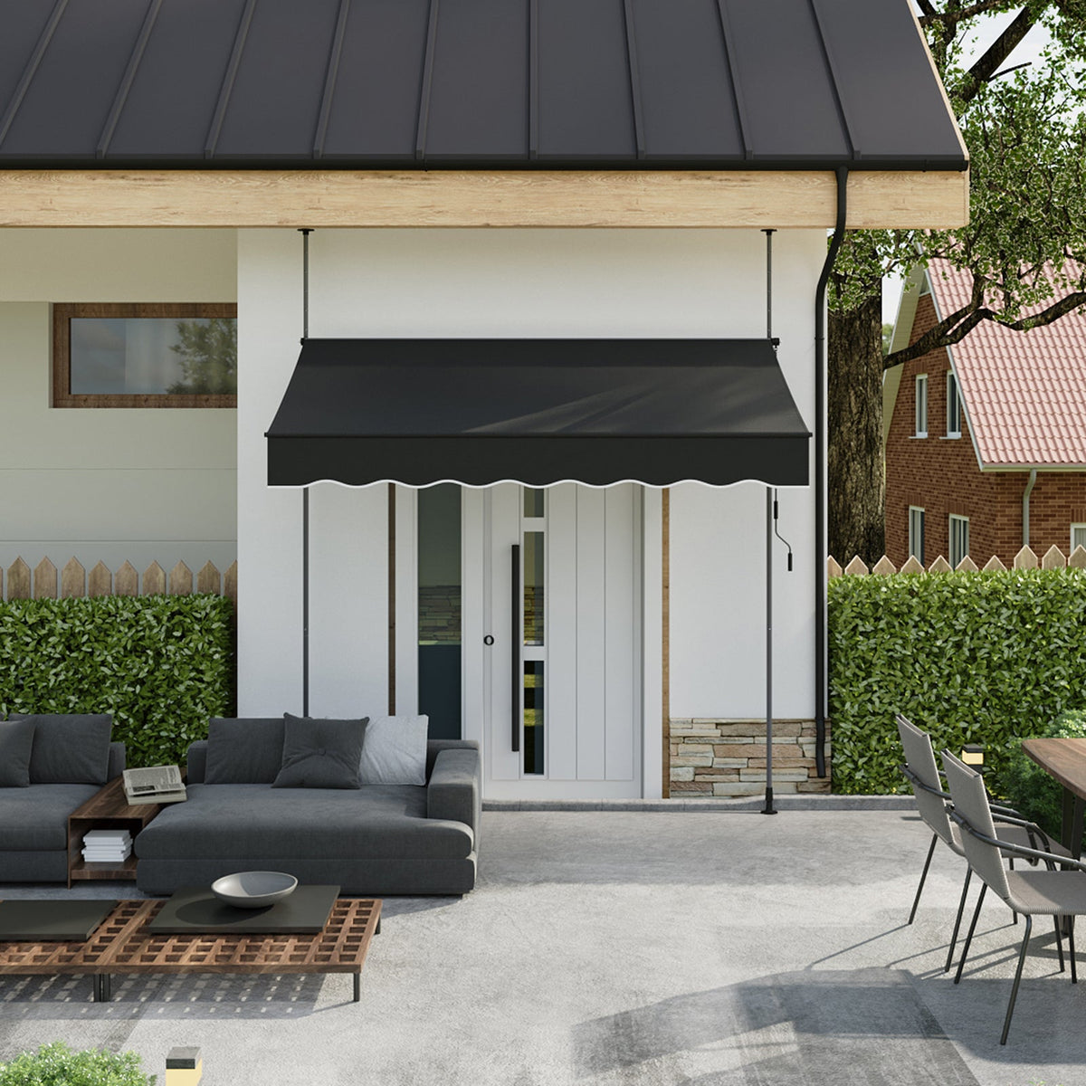 Garden Sanctuary retractable awning with adjustable support poles, showing fabric extended over outdoor patio area.