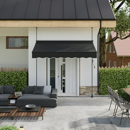 Garden Sanctuary retractable awning with adjustable support poles, showing fabric extended over outdoor patio area.