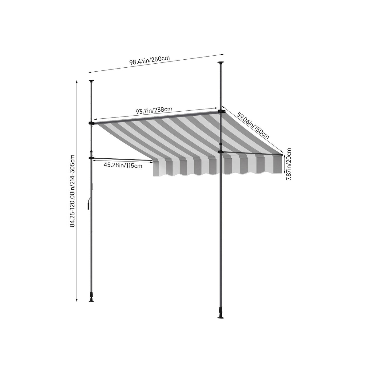 Retractable Garden Sanctuary awning with adjustable support poles, fabric canopy extending over outdoor space.