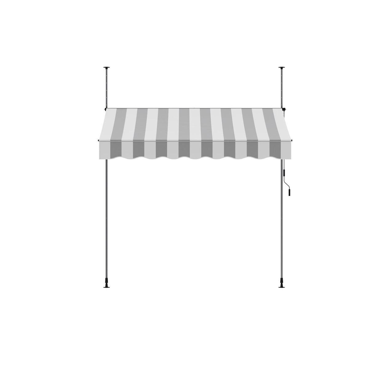 Garden Sanctuary retractable awning with adjustable support poles extends over outdoor space, providing shade and weather protection.