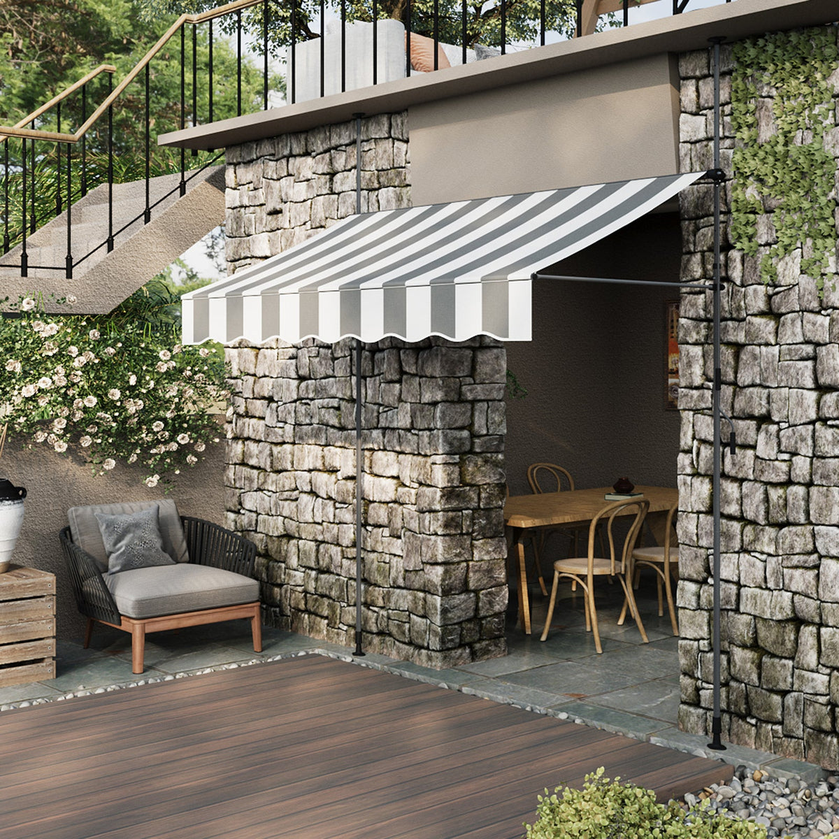Garden Sanctuary retractable awning with adjustable support poles, showing the fabric canopy extended outdoors.