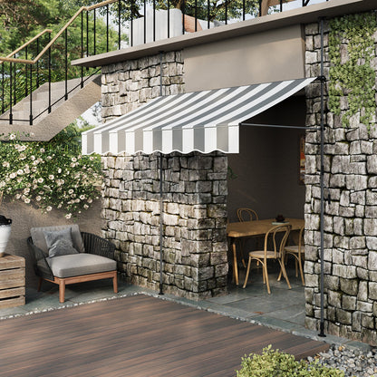 Garden Sanctuary retractable awning with adjustable support poles, showing the fabric canopy extended outdoors.