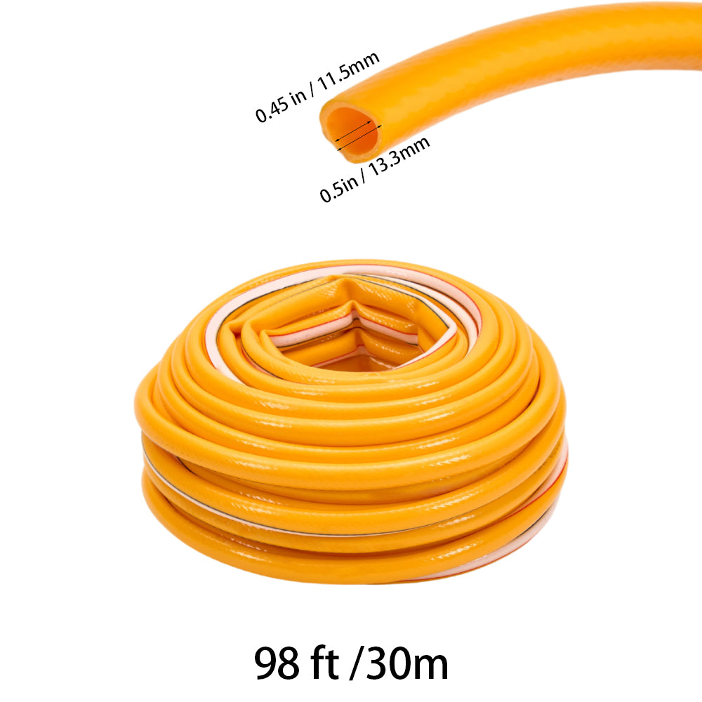 Garden Sanctuary 25/30cm PVC garden hose coiled outdoors, suitable for gardening and outdoor watering tasks.