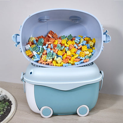Dolphin-shaped toy storage box on wheels by Garden Sanctuary, featuring a playful dolphin design and portable rolling base.