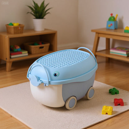 Dolphin-shaped toy storage box on wheels from Garden Sanctuary, colorful plastic container for kids' toys and organization.