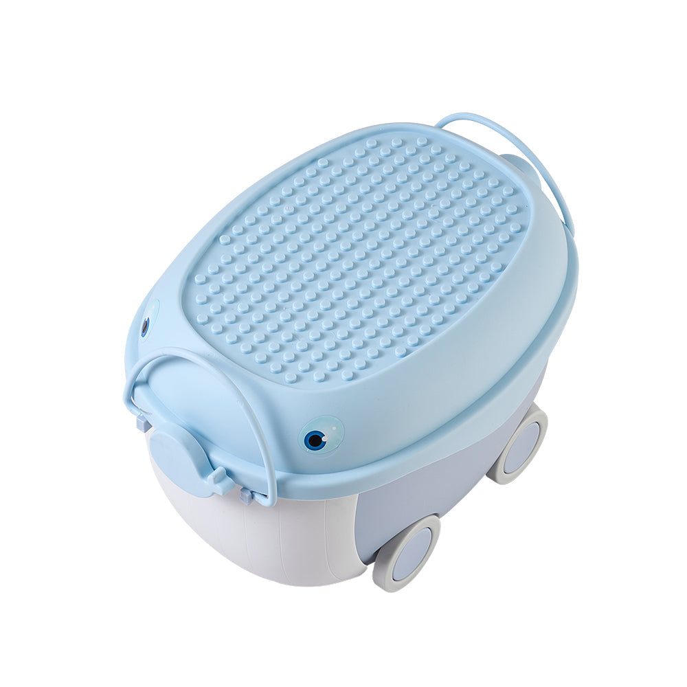 Dolphin-shaped toy storage box on wheels by Garden Sanctuary with colorful design for kids' room organization.