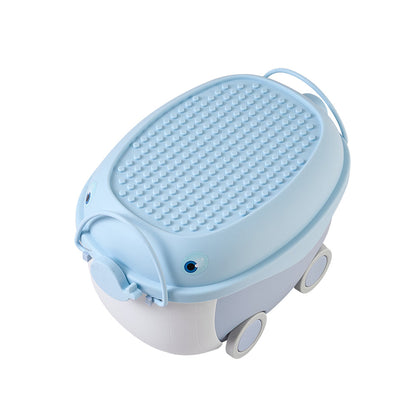 Dolphin-shaped toy storage box on wheels by Garden Sanctuary with colorful design for kids' room organization.