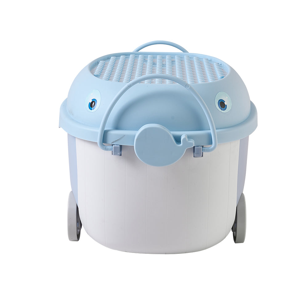 Dolphin-shaped toy storage box on wheels from Garden Sanctuary, colorful plastic storage container for children's toys and organization.