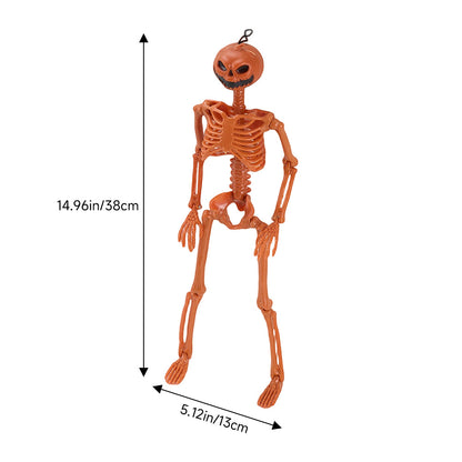 Posable Halloween pumpkin skeleton decoration from Garden Sanctuary, featuring a spooky skeleton with a carved pumpkin head for Halloween decor.