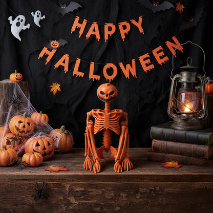Posable Halloween pumpkin skeleton decoration from Garden Sanctuary, featuring a spooky skeleton with pumpkin accents for Halloween decor.