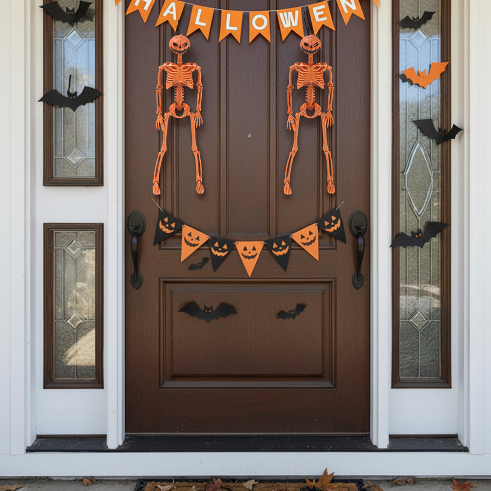Posable Halloween pumpkin skeleton decoration by Garden Sanctuary, featuring a spooky skeleton with a carved pumpkin head for Halloween decor.