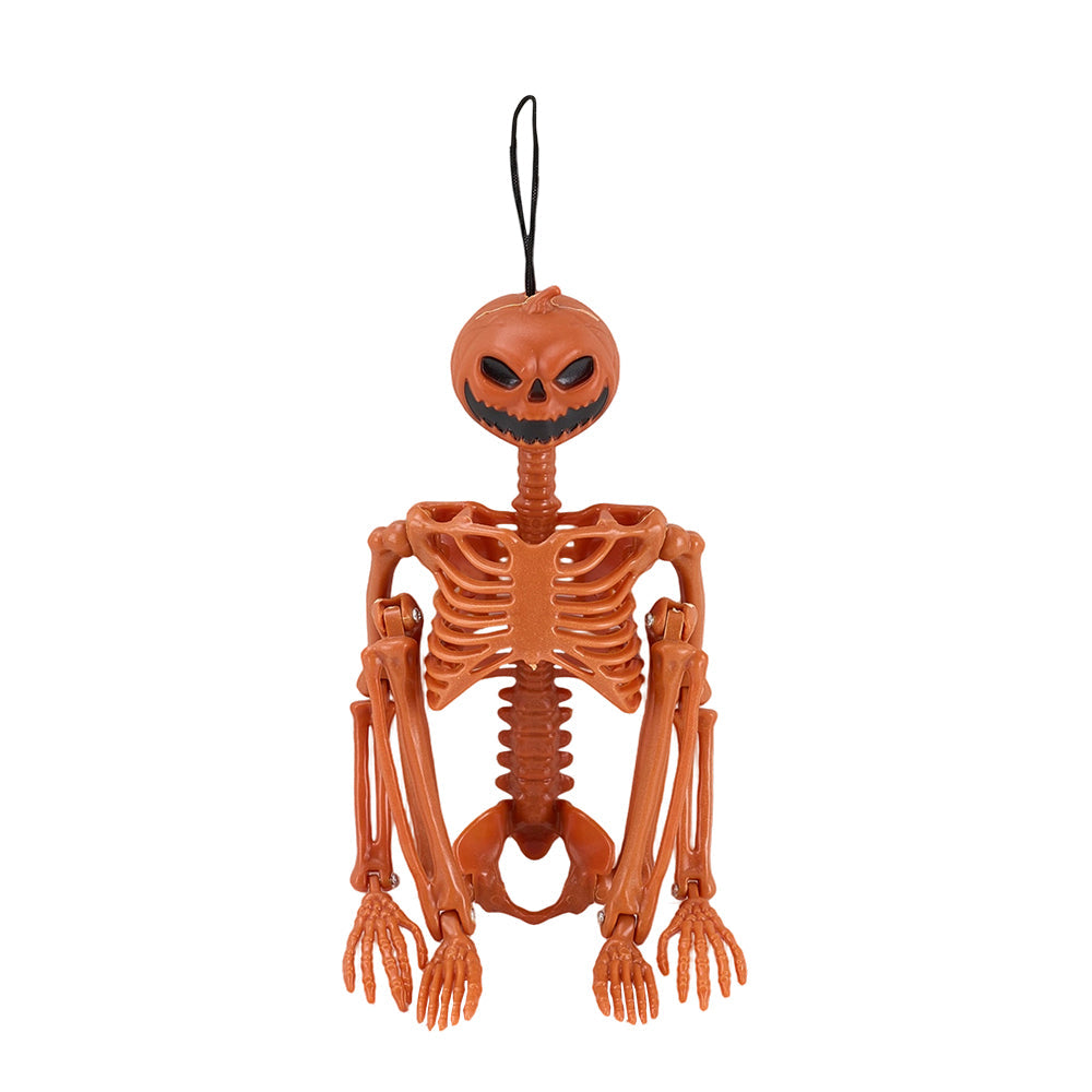 Posable Halloween pumpkin skeleton decoration from Garden Sanctuary, featuring a spooky skeleton with pumpkin head for Halloween decor.