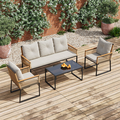 Garden Sanctuary outdoor rattan sofa with five seats and matching coffee table, perfect for garden or patio lounging.