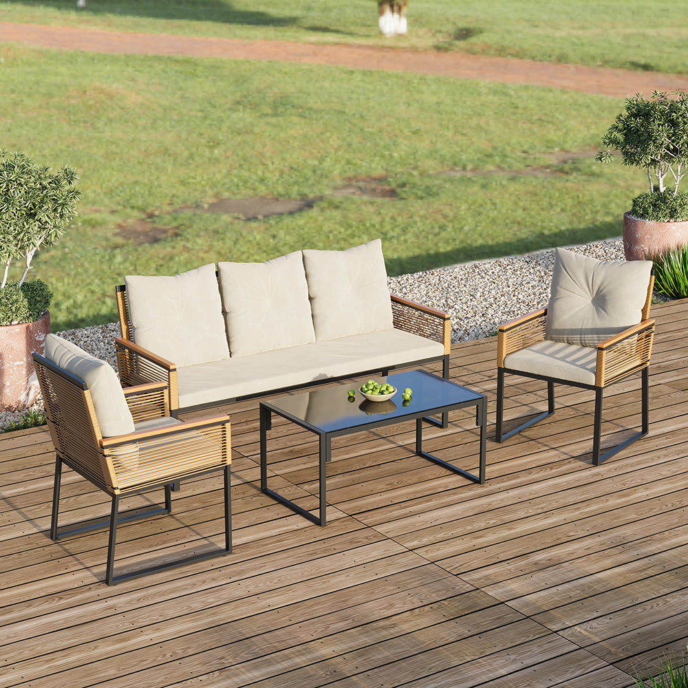 Garden Sanctuary 5-seat rattan sofa with coffee table, outdoor garden chair set, featuring woven rattan design and plush cushions.
