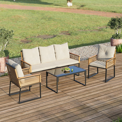 Garden Sanctuary 5-seat rattan sofa with coffee table, outdoor garden chair set, featuring woven rattan design and plush cushions.