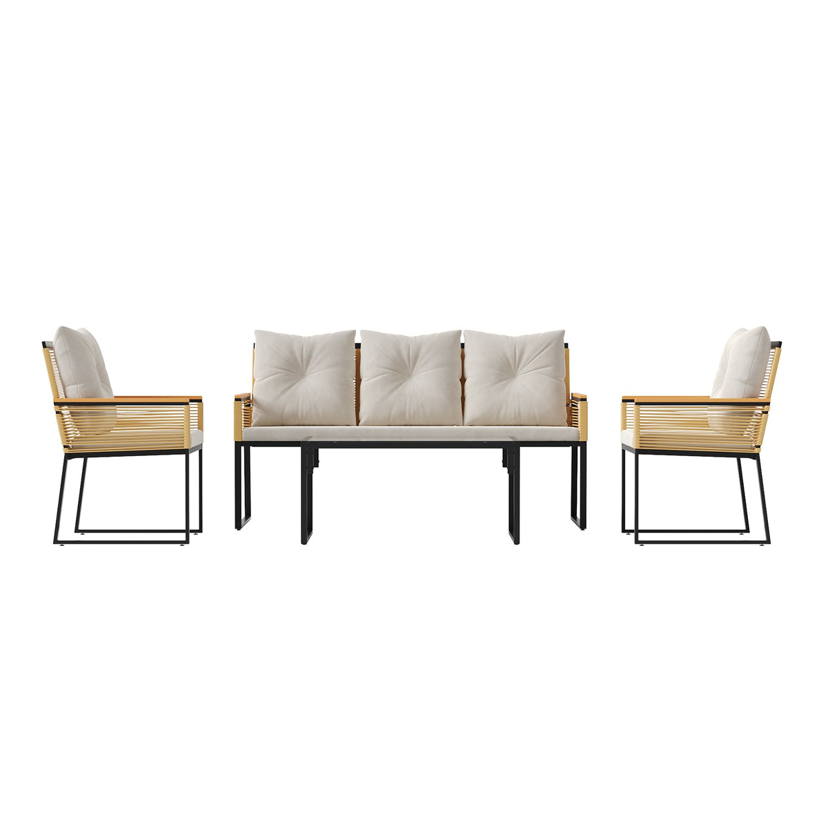 Garden Sanctuary outdoor rattan garden chair with 5-seat sofa and coffee table for indoor and outdoor use.