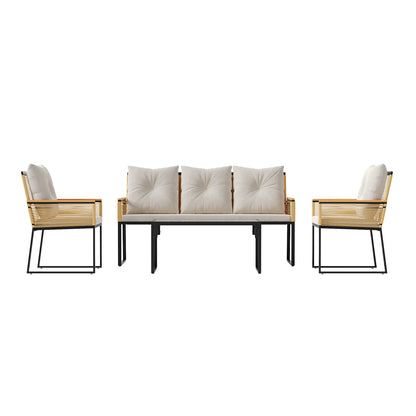 Garden Sanctuary outdoor rattan garden chair with 5-seat sofa and coffee table for indoor and outdoor use.