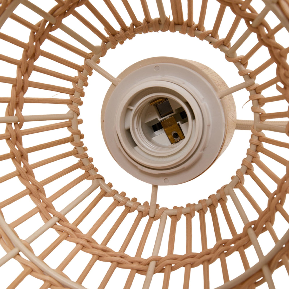 E27 bamboo-woven ceiling pendant light by Garden Sanctuary hanging from ceiling with warm wood tones and woven bamboo shade.