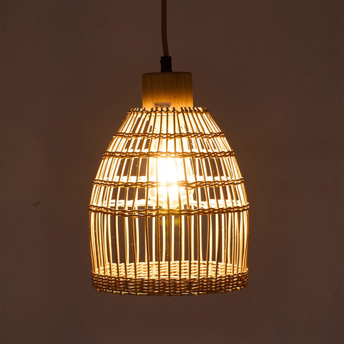 E27 bamboo-woven ceiling pendant light by Garden Sanctuary with natural fiber shade hanging from ceiling fixture